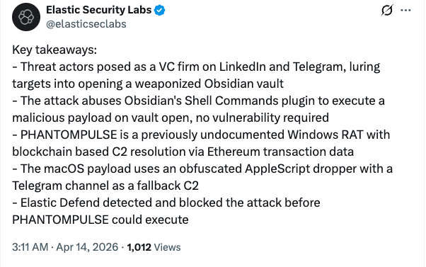 Obsidian插件漏洞成新攻击入口，加密用户警惕社交工程陷阱