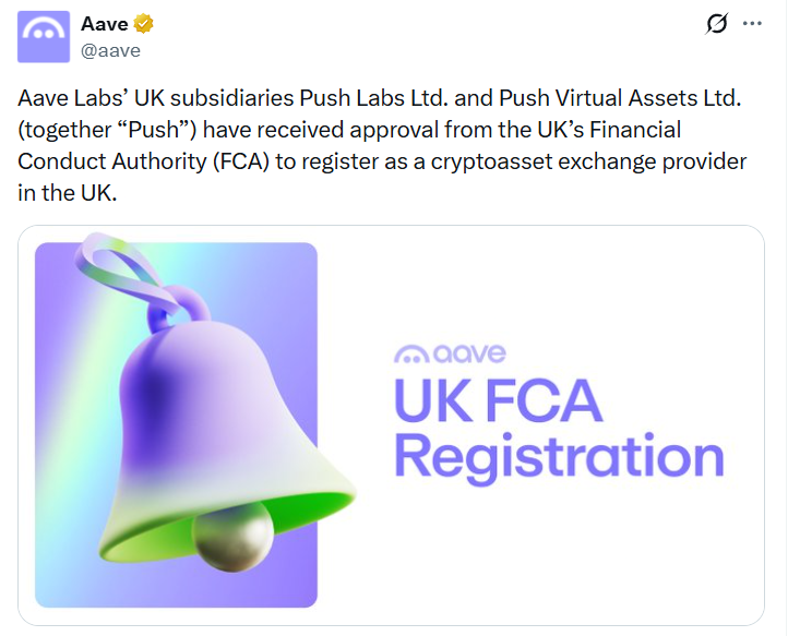 Aave英国子司获FCA加密许可，布局零费稳定币通道