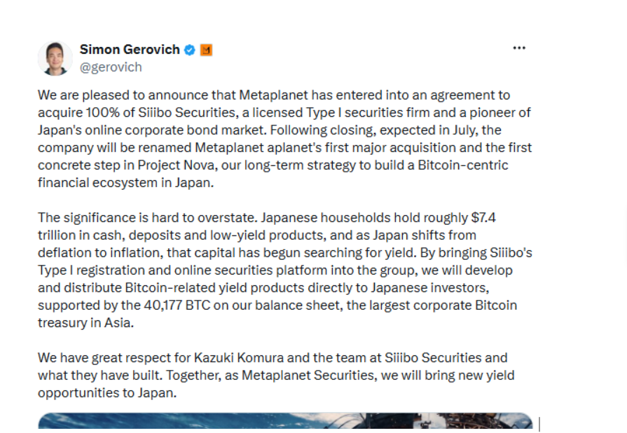 Metaplanet收购券商布局比特币金融生态