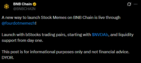BNB Chain推股票迷因币，Four.meme联手bStocks引爆新赛道