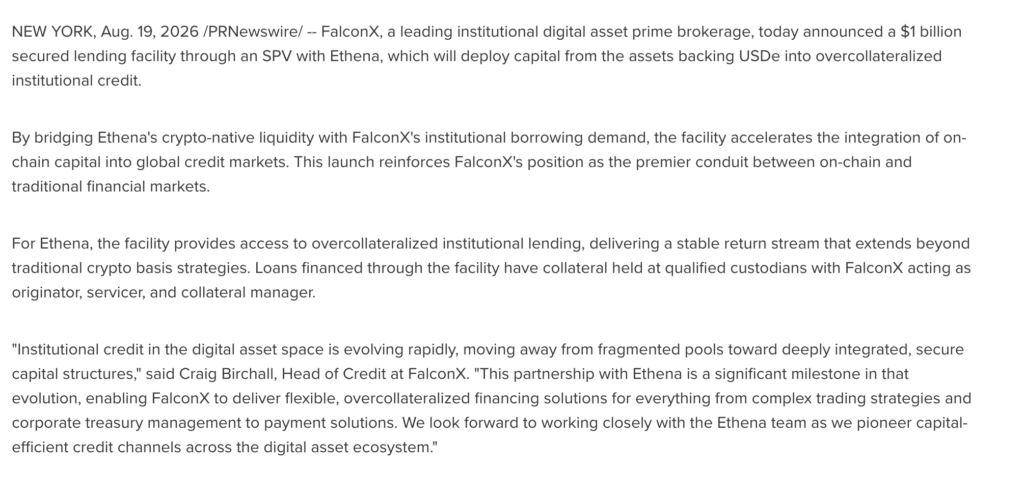 Ethena联手FalconX推10亿美元贷款计划