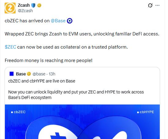 cbZEC上线Base：隐私币首度打通DeFi通道