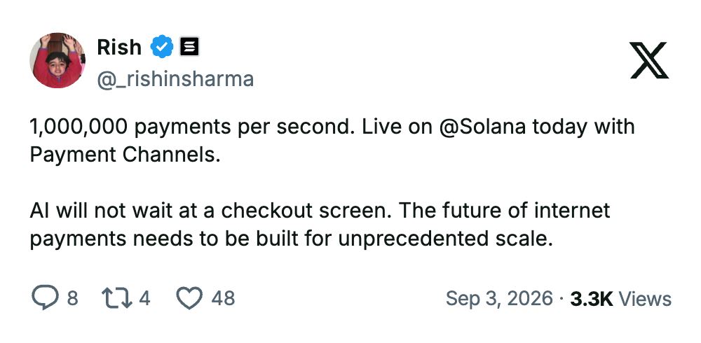 Solana推支付通道：每秒处理百万笔交易
