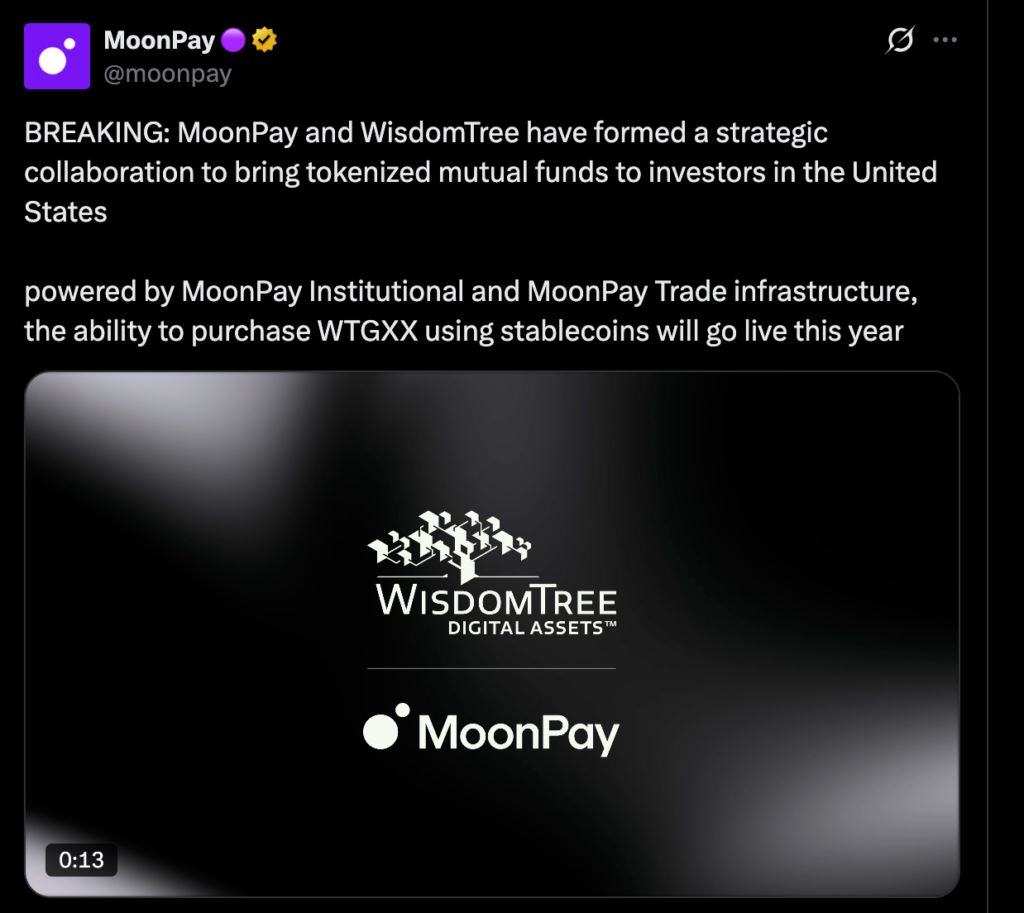 MoonPay联手WisdomTree拓展代币化基金新通道