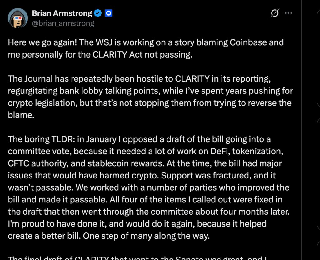 Coinbase CEO反击媒体归责：立法受阻实为行业博弈