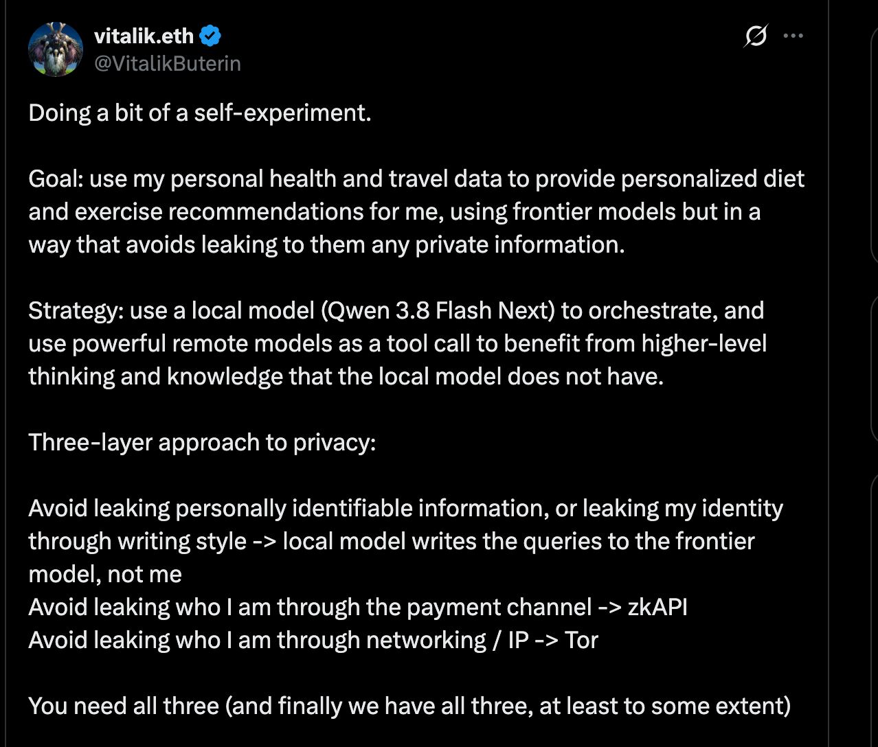 Vitalik探索隐私优先AI：本地模型+zkAPI+Tor三重防护