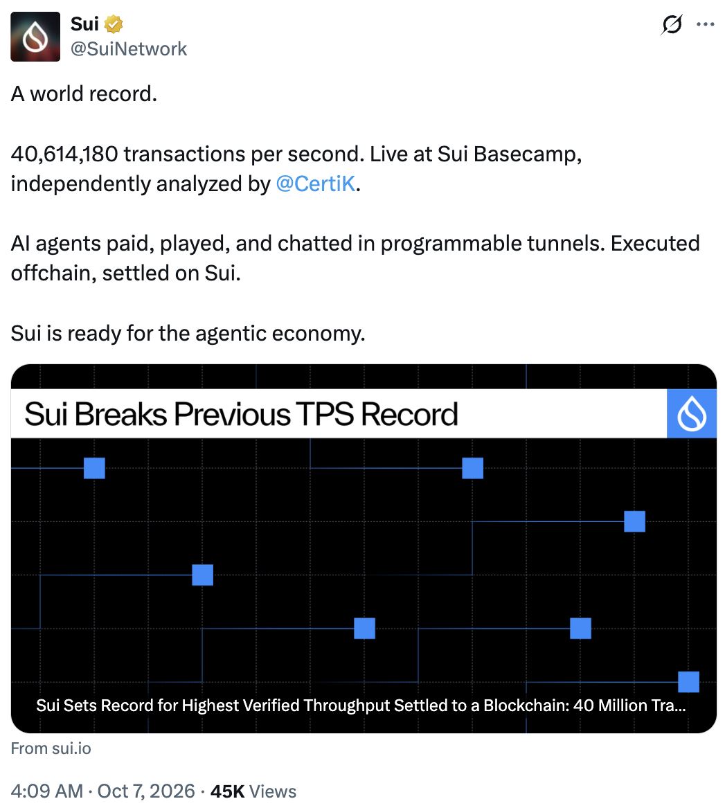 Sui离线通道实测破4000万TPS，AI智能体交易成新引擎
